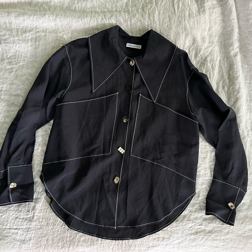 Black Shirt w/ Oversized Collar/Pockets and Contrast Stitching